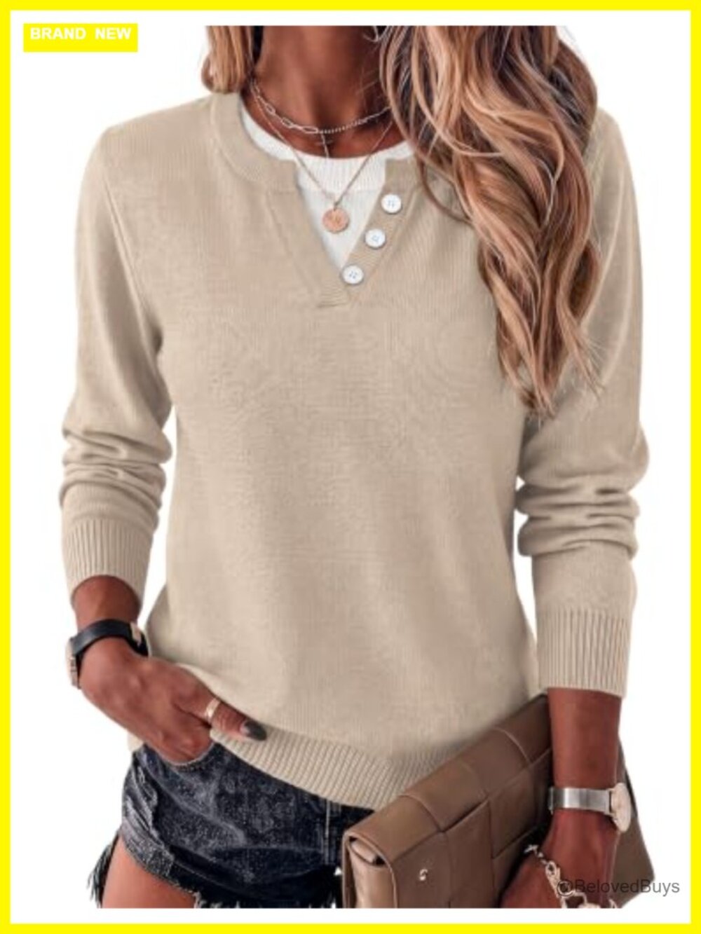 Women's Lightweight Knit Pullover Sweater Faux Layer Button Office Top